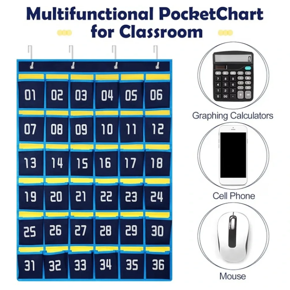 36 Numbered pockets Hanging Organizer for Classroom. 1 Package of 6 ea.Brand New